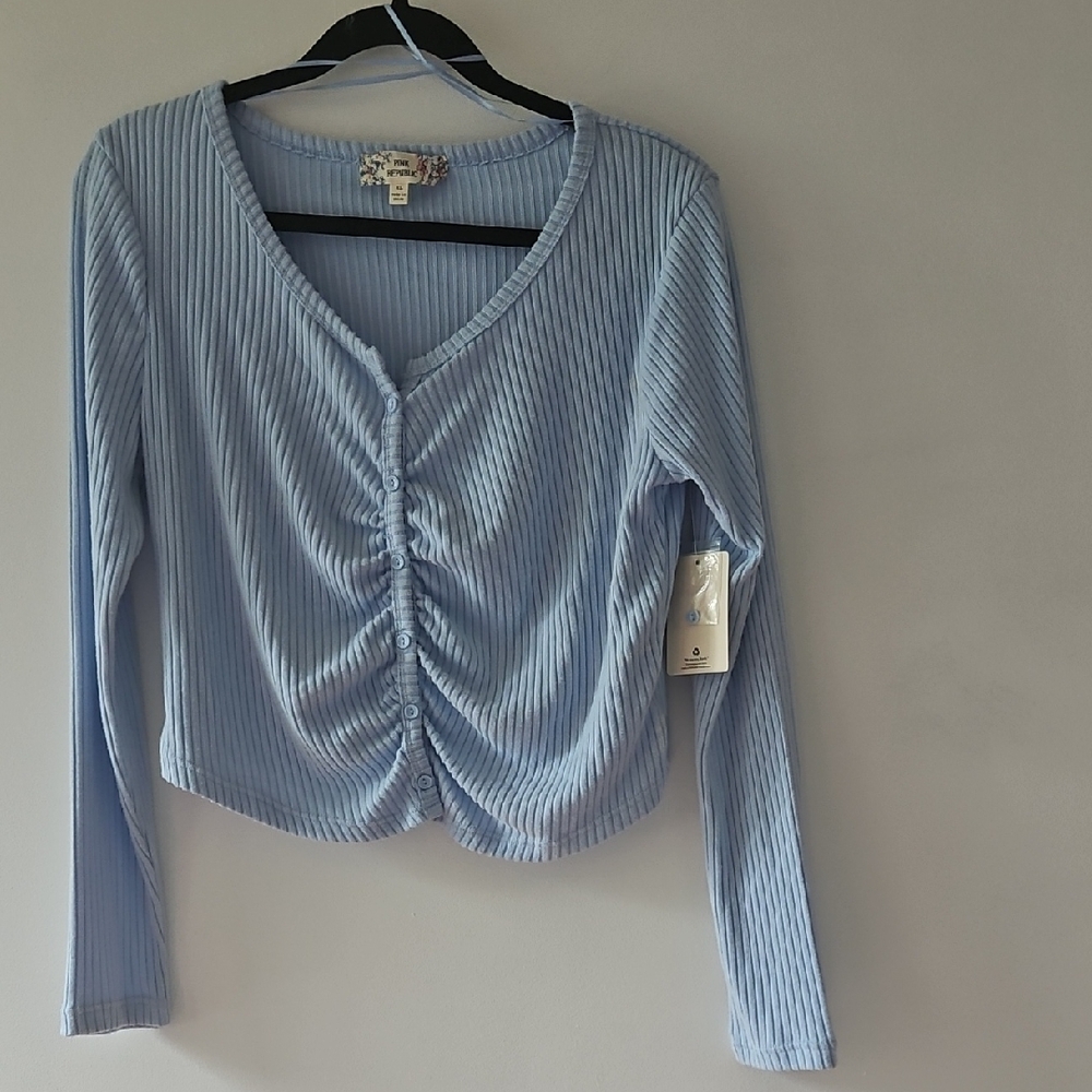 Pink Republic Sky Blue Ribbed Blouse